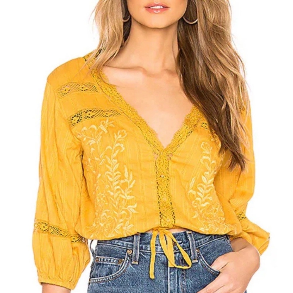 Free People Follow Your Heart Golden Yellow Embroidered Crop Top